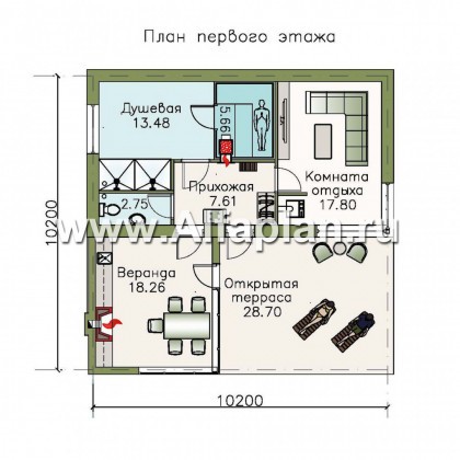 Проект бани с остекленной верандой и открытой террасой - превью план дома