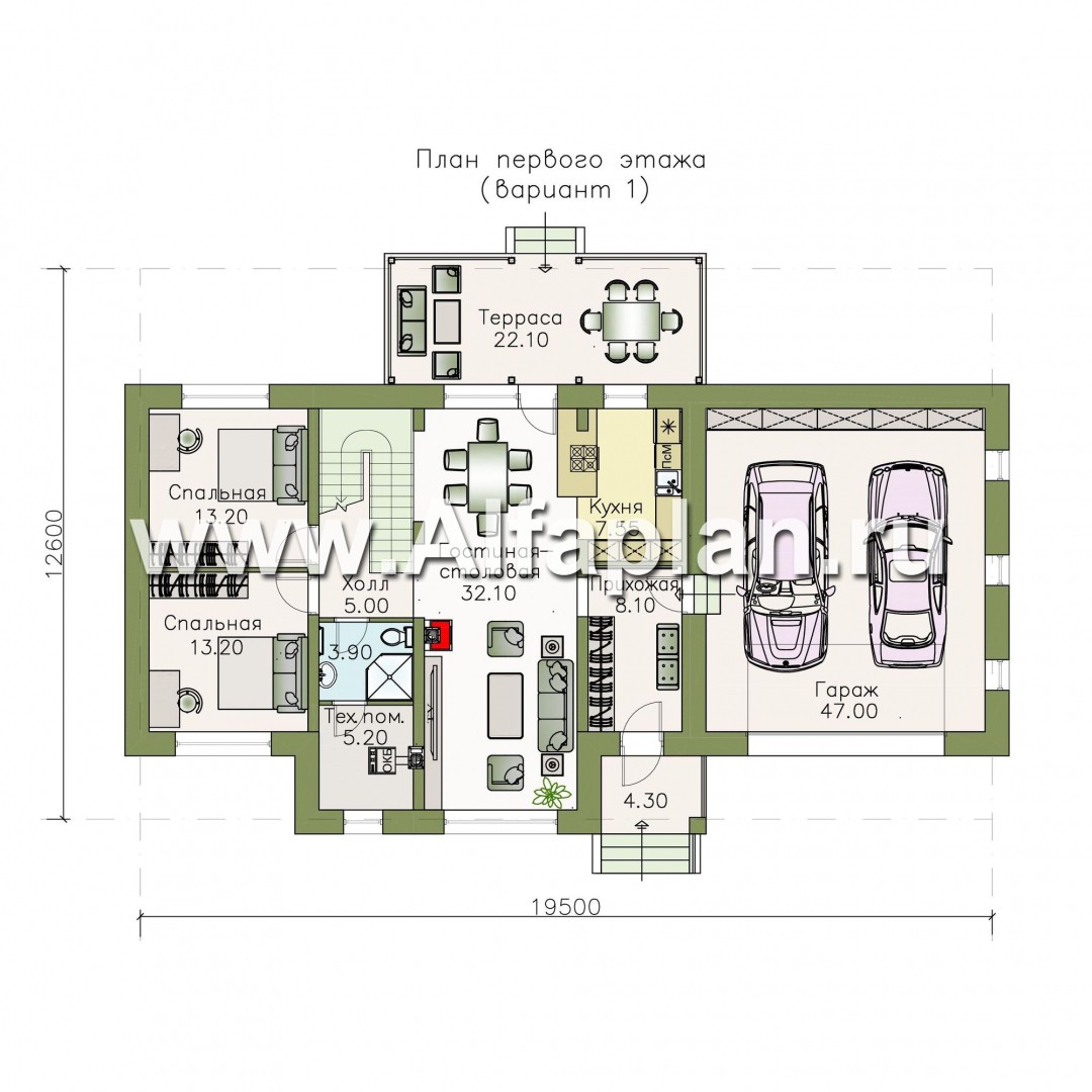 Проекты домов Альфаплан - «Кассиопея» - мансардный коттедж с гаражом на 2 автомобиля - изображение плана проекта №1