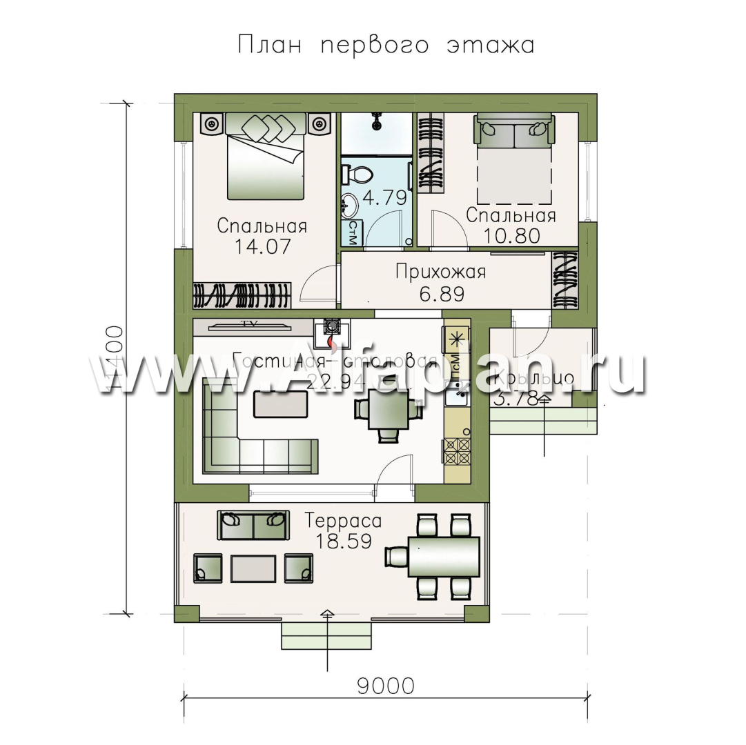Проекты домов Альфаплан - «Виньон» - проект одноэтажного дома, планировка с большой террасой, 2 спальни - план проекта №1