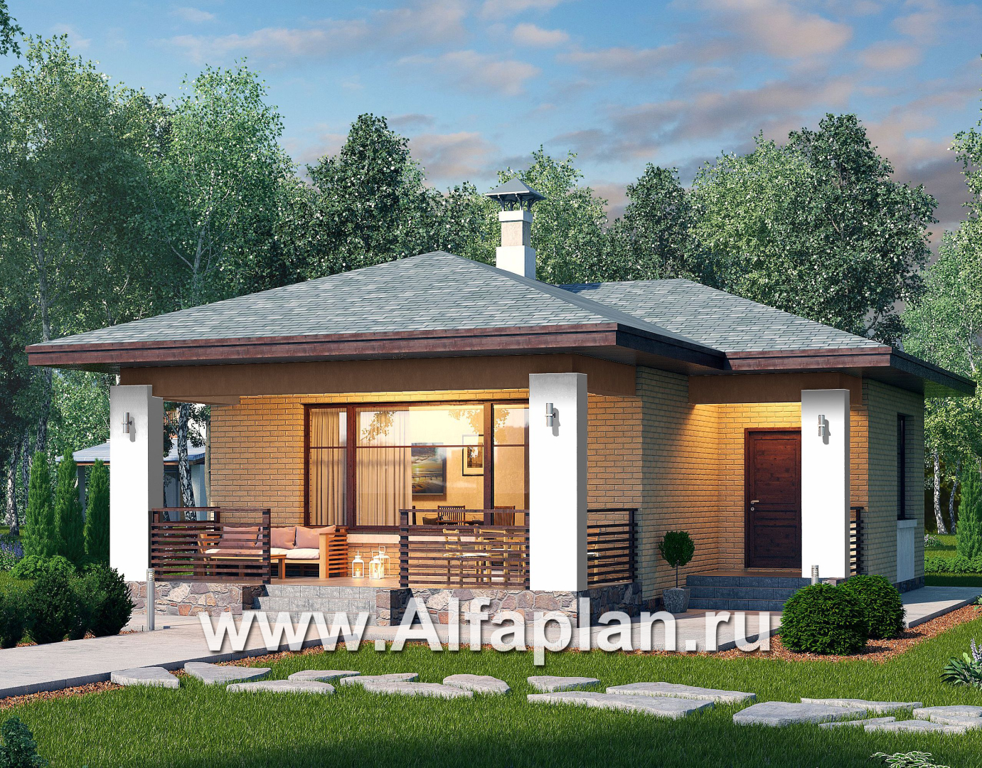 Проекты домов Альфаплан - «Виньон» - проект одноэтажного дома, планировка с большой террасой, 2 спальни - основное изображение