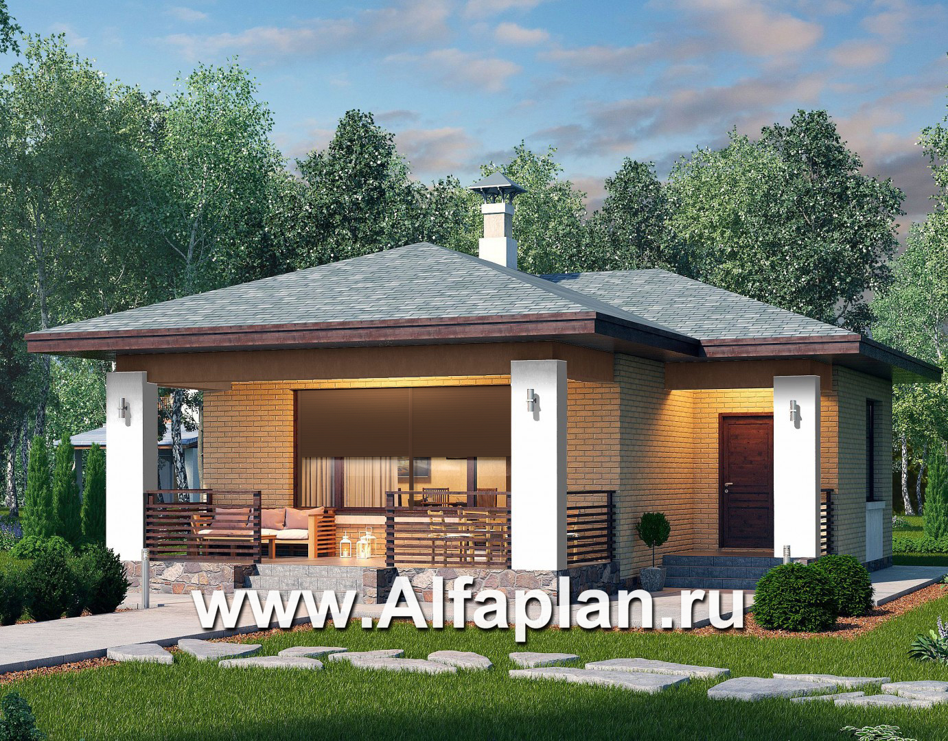 Проекты домов Альфаплан - «Виньон» - проект одноэтажного дома, планировка с большой террасой, 2 спальни - дополнительное изображение №1