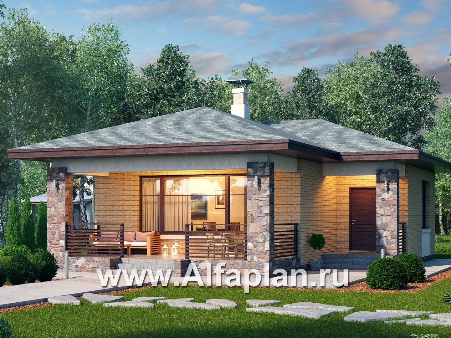 Проекты домов Альфаплан - «Виньон» - проект одноэтажного дома, планировка с большой террасой, 2 спальни - дополнительное изображение №2