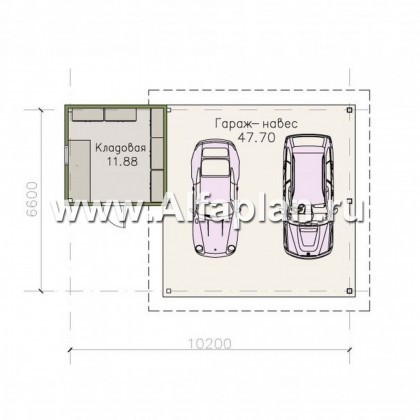 Навес стоянка для 2 авто с небольшой кладовой, в современном стиле - превью план дома