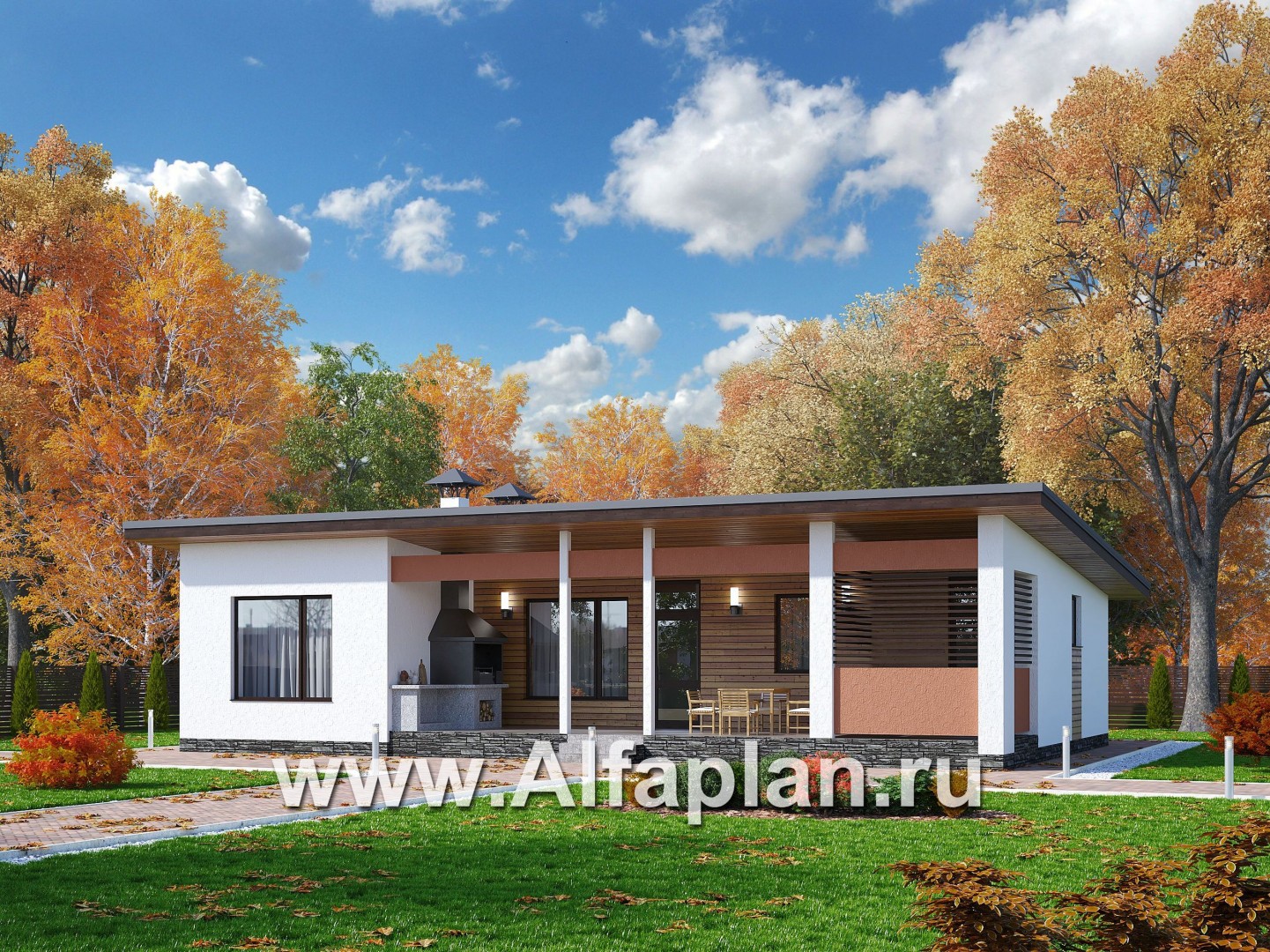 Проекты домов Альфаплан - «Зита» -  проект одноэтажного дома, с сауной, с джакузи на террасе,  в скандинавском стиле - основное изображение