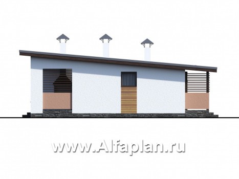 Проекты домов Альфаплан - «Зита» -  проект одноэтажного дома, с сауной, с джакузи на террасе,  в скандинавском стиле - превью фасада №2