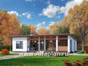 Проекты домов Альфаплан - «Зита» -  проект одноэтажного дома, с сауной, с джакузи на террасе,  в скандинавском стиле - превью основного изображения