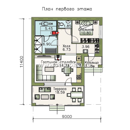 Проект гостевого дома, с баней и с уютной террасой - превью план дома