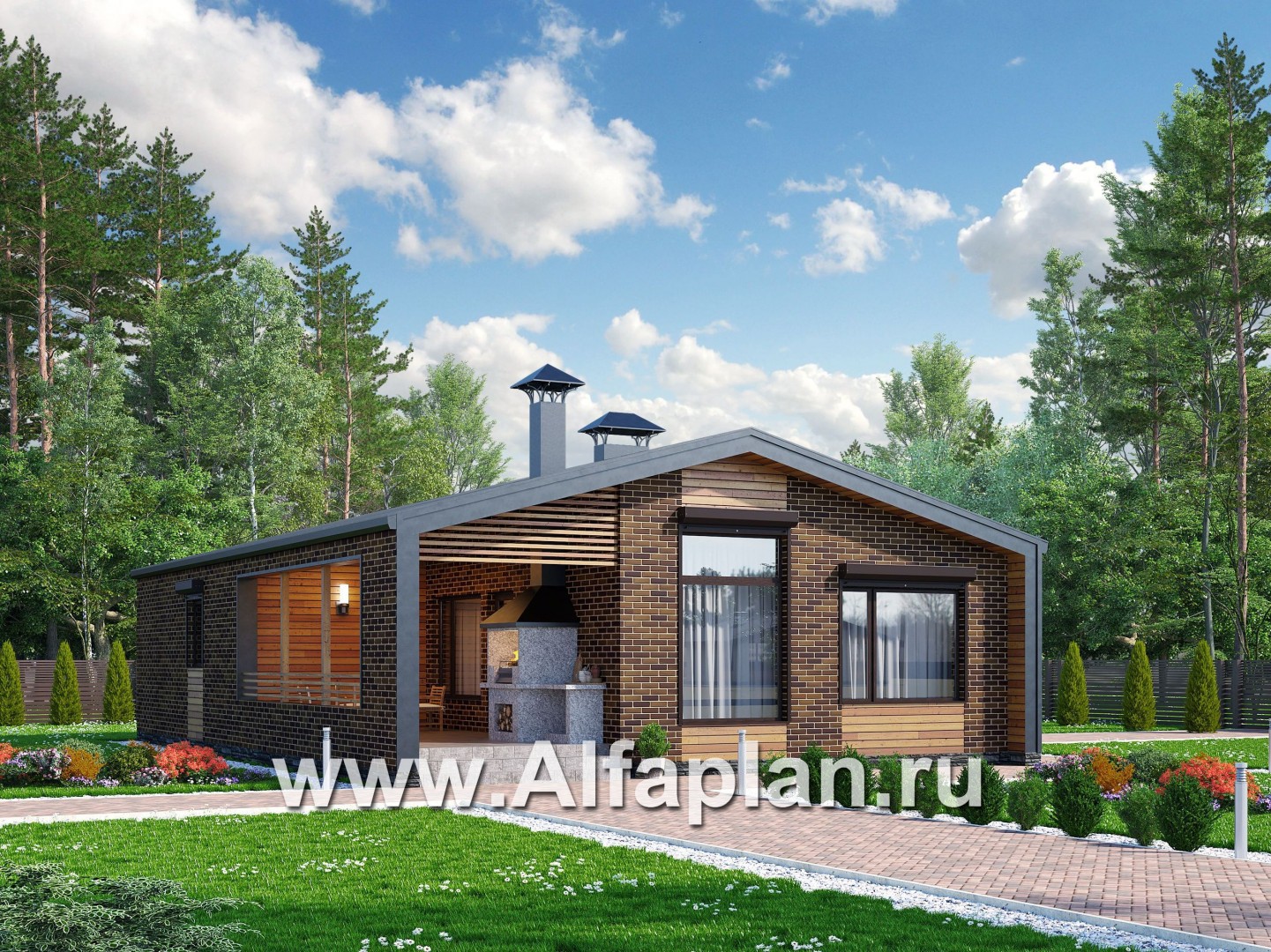 Проекты домов Альфаплан - «Йота» - каркасный дом с двускатной кровлей - основное изображение