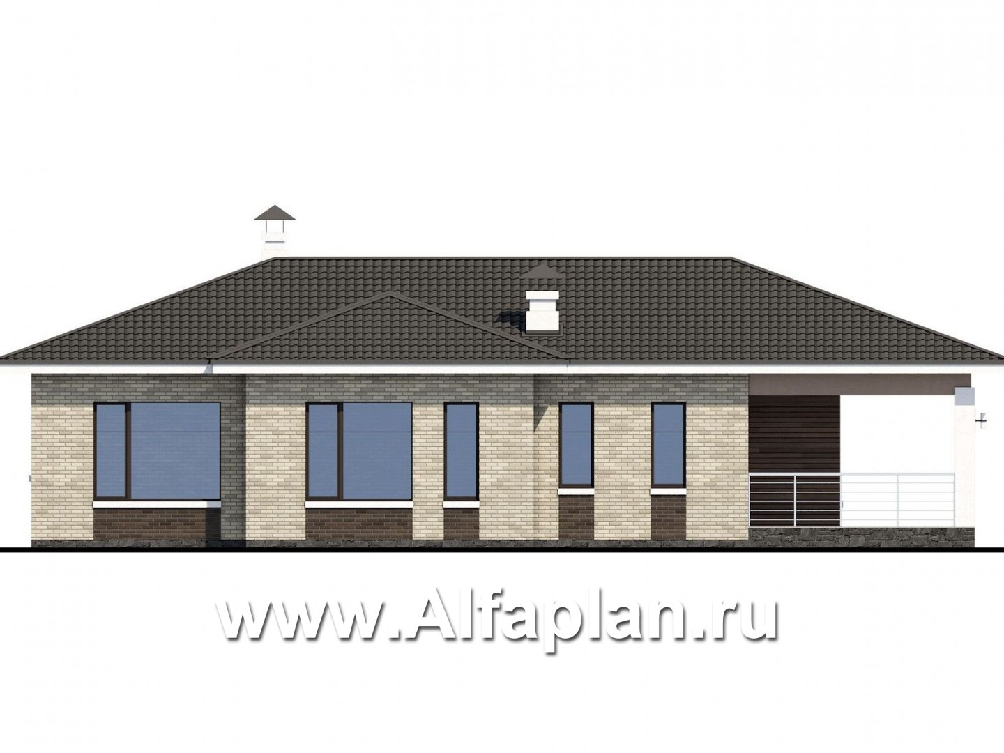 «Терпсихора» - проект одноэтажного дома из кирпича, с террасой, в современном стиле - фасад дома