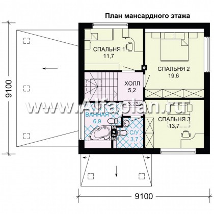 Проект дома с мансардой, 3 спальни, открытая планировка с камином, гостевая комната на 1 эт и навес на 1 авто - превью план дома