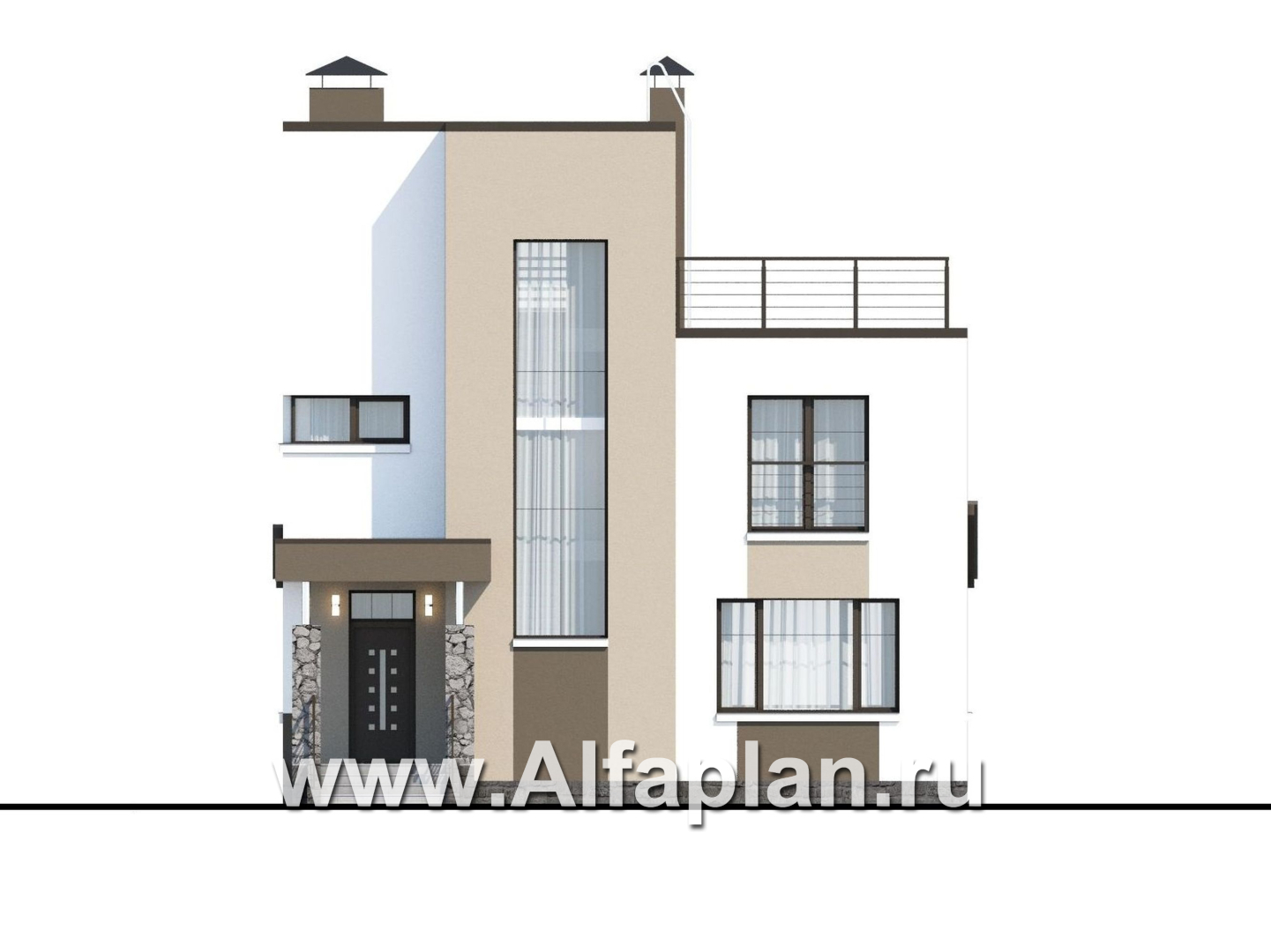 Проекты домов Альфаплан - «Приоритет» - проект двухэтажного дома из газобетона, с открытой планировкой,  с эксплуатируемой крышей, в стиле хай-тек - изображение фасада №1
