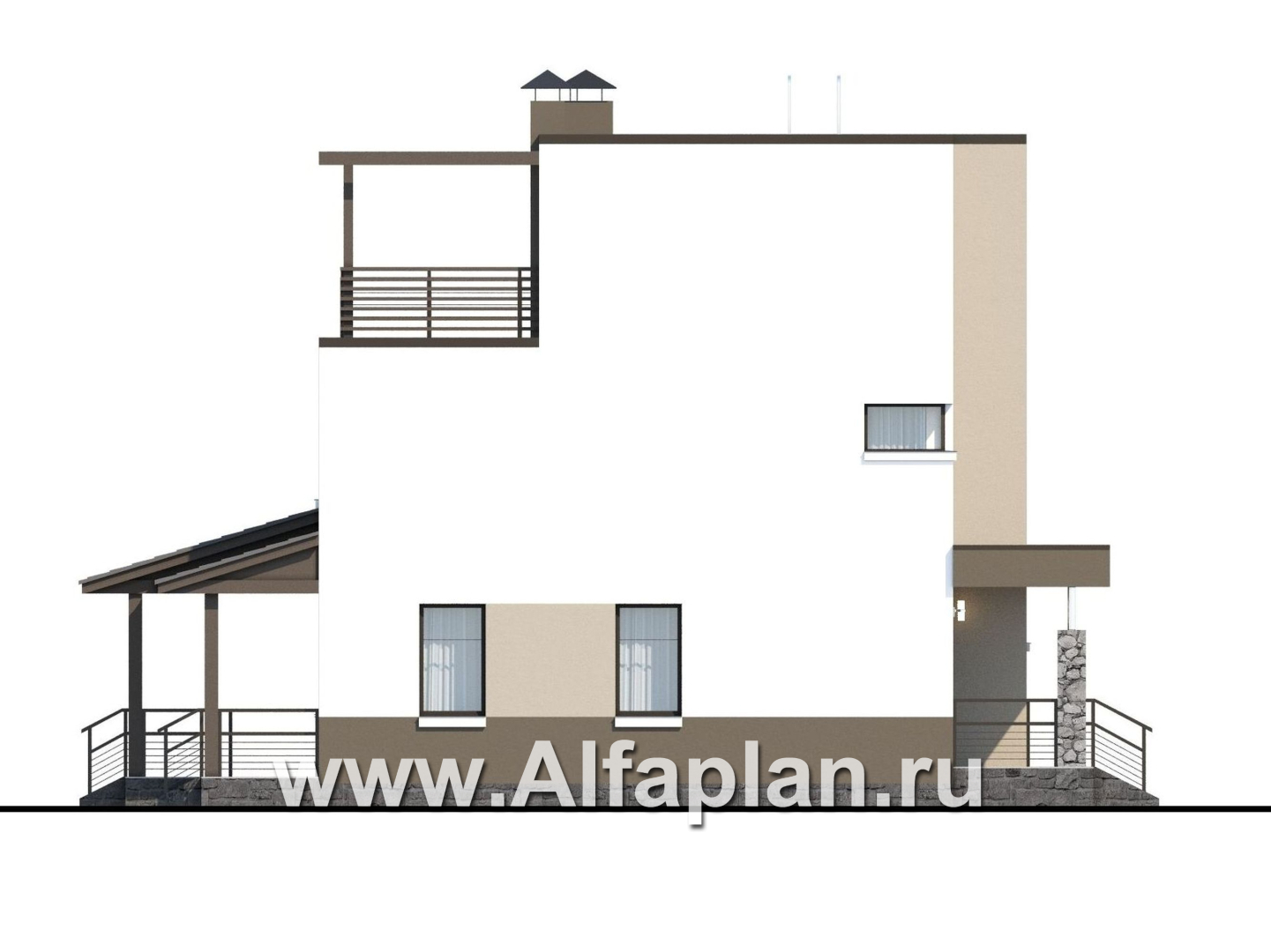 Проекты домов Альфаплан - «Приоритет» - проект двухэтажного дома из газобетона, с открытой планировкой,  с эксплуатируемой крышей, в стиле хай-тек - изображение фасада №3