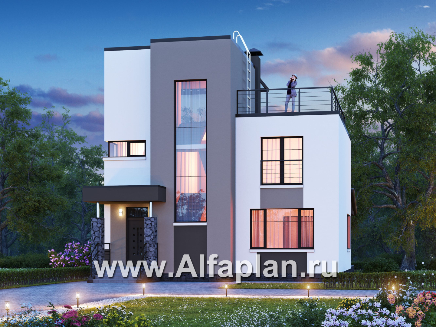 Проекты домов Альфаплан - «Приоритет» - проект двухэтажного дома из газобетона, с открытой планировкой,  с эксплуатируемой крышей, в стиле хай-тек - основное изображение