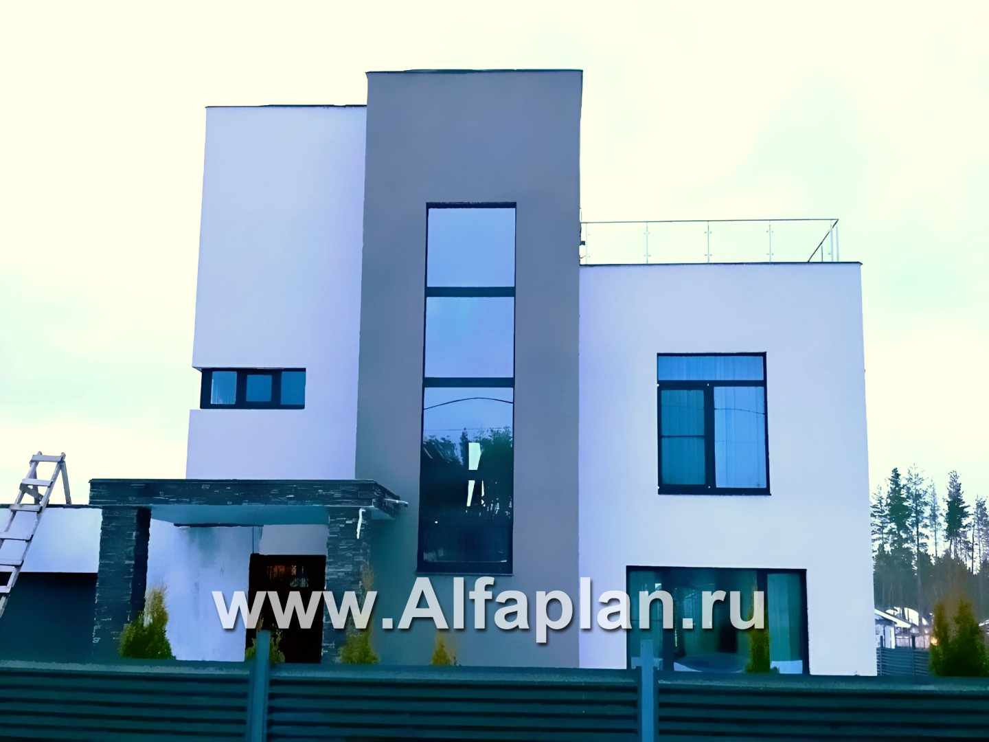 Проекты домов Альфаплан - «Приоритет» - проект двухэтажного дома из газобетона, с открытой планировкой,  с эксплуатируемой крышей, в стиле хай-тек - дополнительное изображение №1