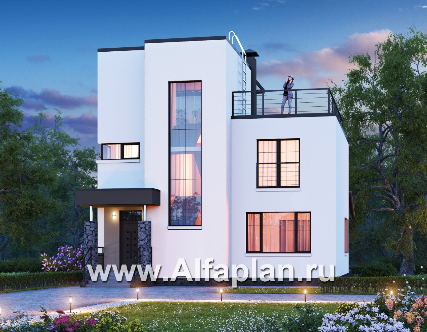 Проекты домов Альфаплан - «Приоритет» - проект двухэтажного дома из газобетона, с открытой планировкой,  с эксплуатируемой крышей, в стиле хай-тек - дополнительное изображение №2