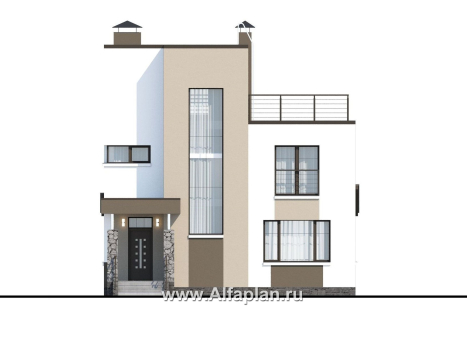 Проекты домов Альфаплан - «Приоритет» - проект двухэтажного дома из газобетона, с открытой планировкой,  с эксплуатируемой крышей, в стиле хай-тек - превью фасада №1