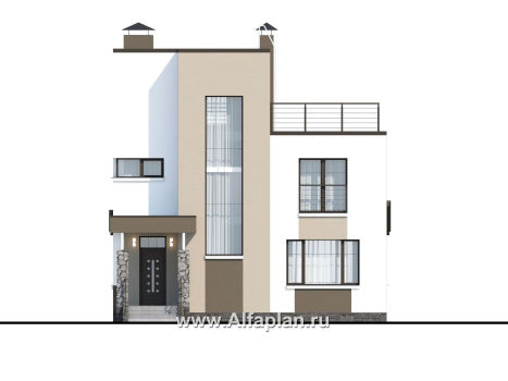 «Приоритет» - проект двухэтажного дома из газобетона, с открытой планировкой,  с эксплуатируемой крышей, в стиле хай-тек - превью фасада дома
