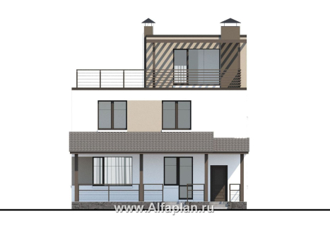 Проекты домов Альфаплан - «Приоритет» - проект двухэтажного дома из газобетона, с открытой планировкой,  с эксплуатируемой крышей, в стиле хай-тек - превью фасада №4