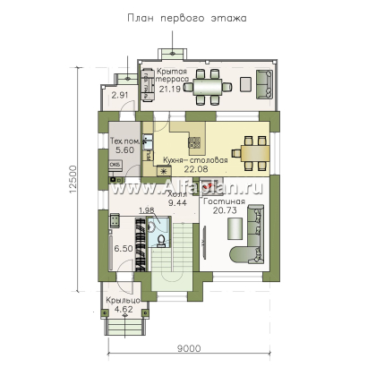 Проекты домов Альфаплан - «Приоритет» - проект двухэтажного дома из газобетона, с открытой планировкой,  с эксплуатируемой крышей, в стиле хай-тек - превью плана проекта №1