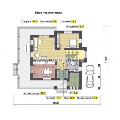 Проект дома с мансардой, планировка со вторым светом и с террасой, навес на 1 авто, в стиле шале - превью план дома