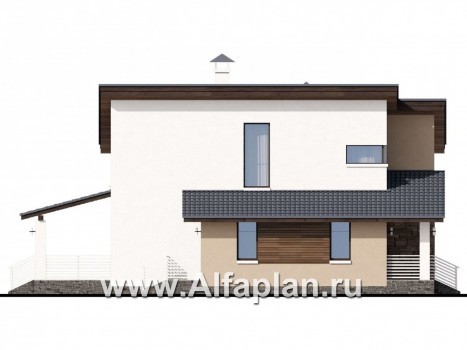 «Западный бриз» - проект двухэтажного дома, с террасой и сауной, с односкатной крышей в стиле хай-тек - превью фасада дома