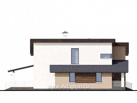 «Западный бриз» - проект двухэтажного дома, планировка с кабинетом на 1 эт, с террасой и сауной, с односкатной крышей в стиле хай-тек - превью фасада дома