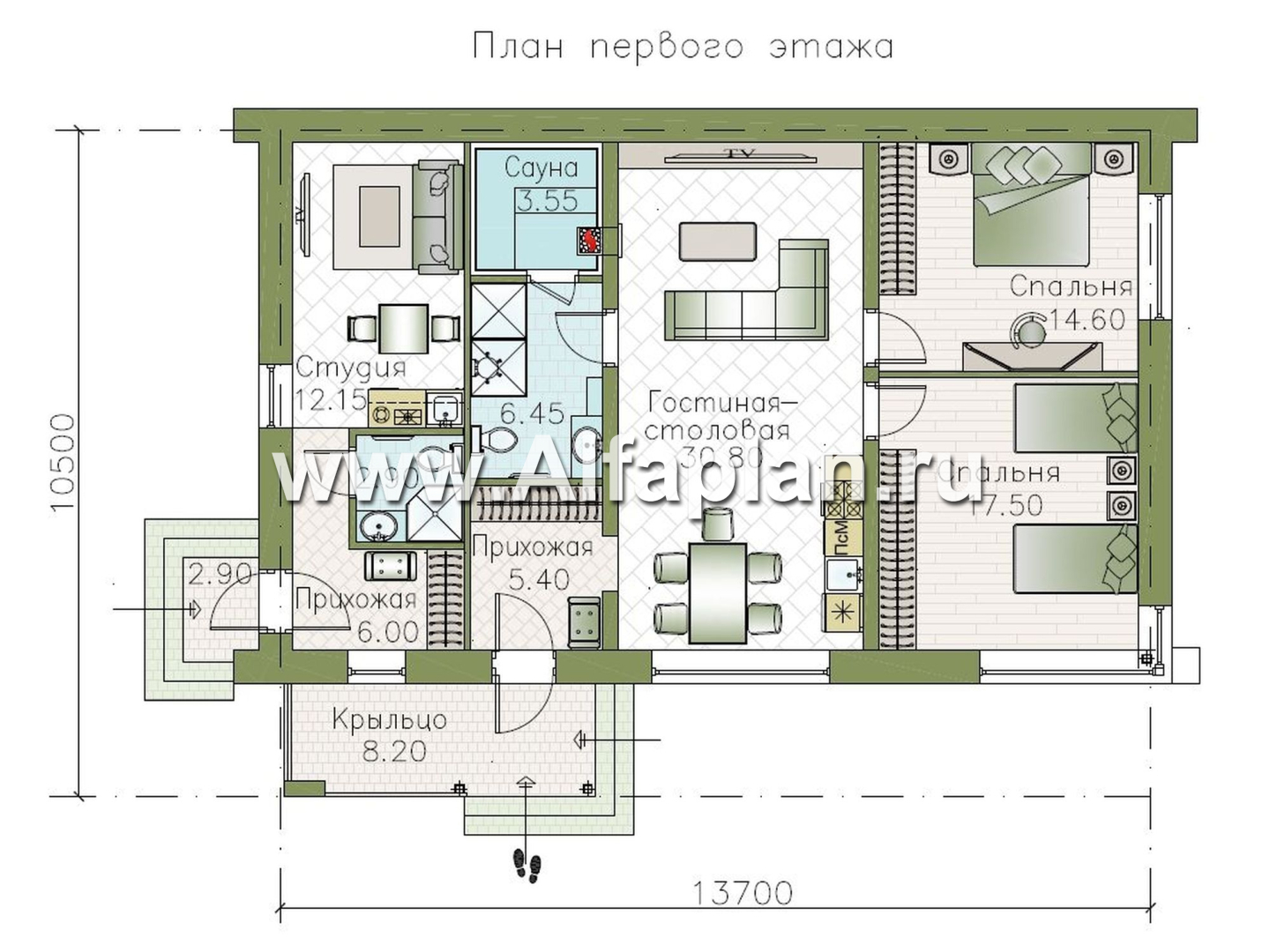 "Шоколад" - проект оригинального одноэтажного дома в стиле барн, две спальни, гостиная и столовая со вторым светом, и квартира-студия - план дома