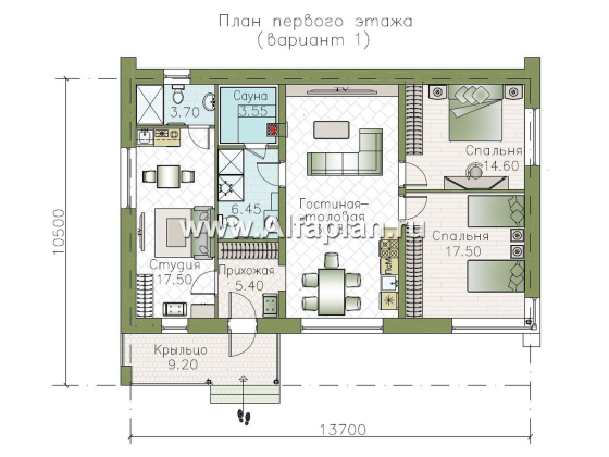 "Шоколад" - проект оригинального одноэтажного дома в стиле барн, две спальни, гостиная и столовая со вторым светом, сауна и квартира-студия - превью план дома