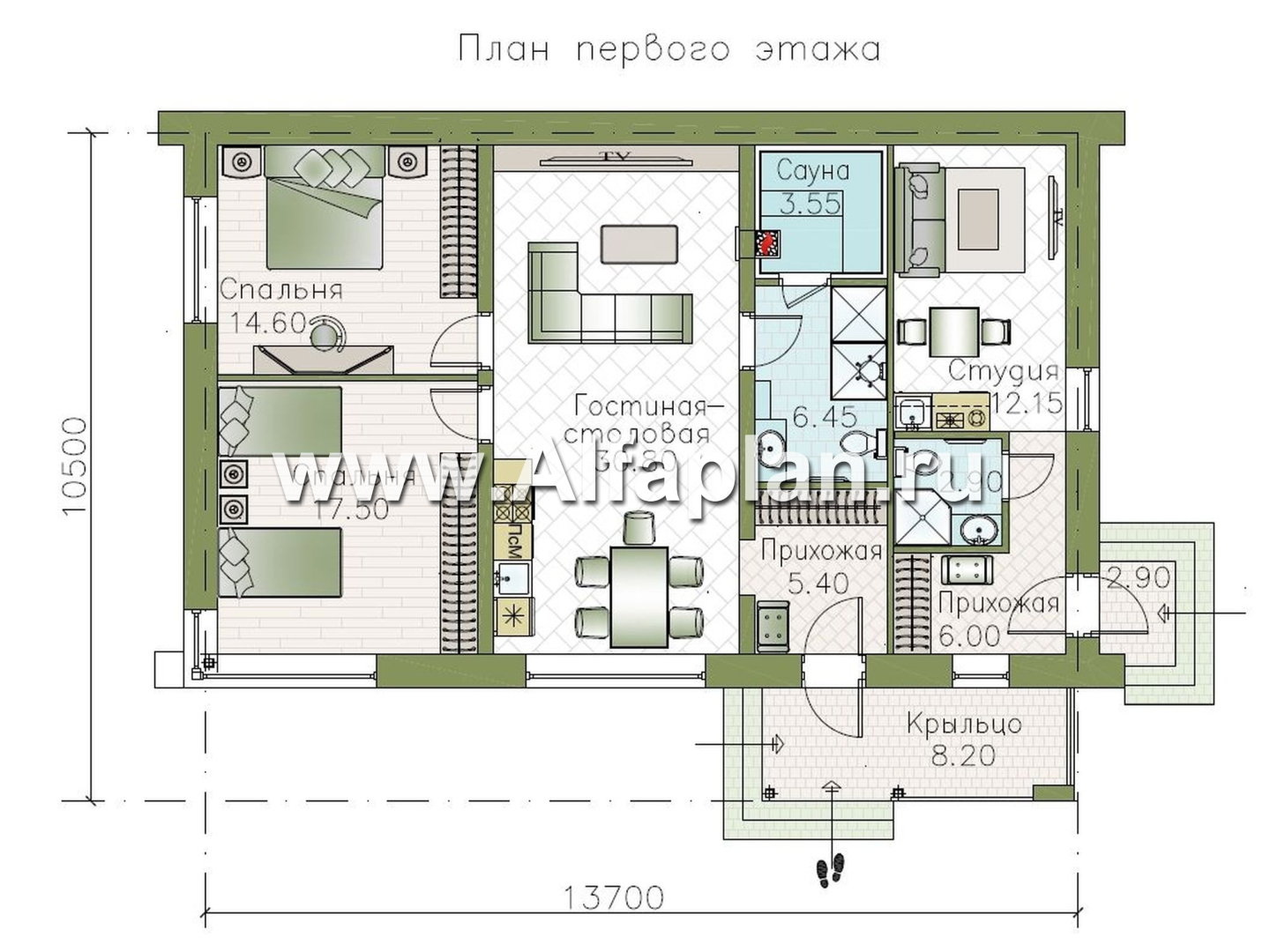 "Шоколад" - проект оригинального одноэтажного дома в стиле барн, две спальни, гостиная и столовая со вторым светом, и квартира-студия - план дома