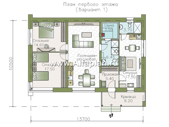 "Шоколад" - проект оригинального одноэтажного дома в стиле барн, две спальни, гостиная и столовая со вторым светом, сауна и квартира-студия - превью план дома