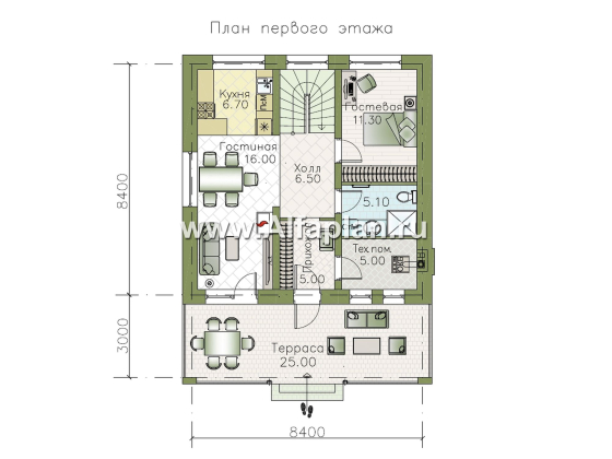 «Траектория» - проект эконом дома из газобетона, с террасой со стороны главного фасада, кабинет на 1-ом этаже - превью план дома