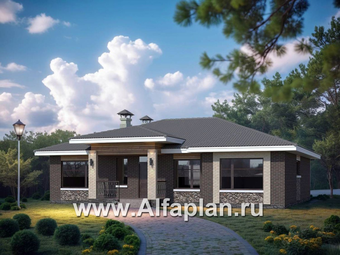 «Алькор» - проект одноэтажного дома из газобетона, мастер спальня, кладовка при кухне - основное изображение