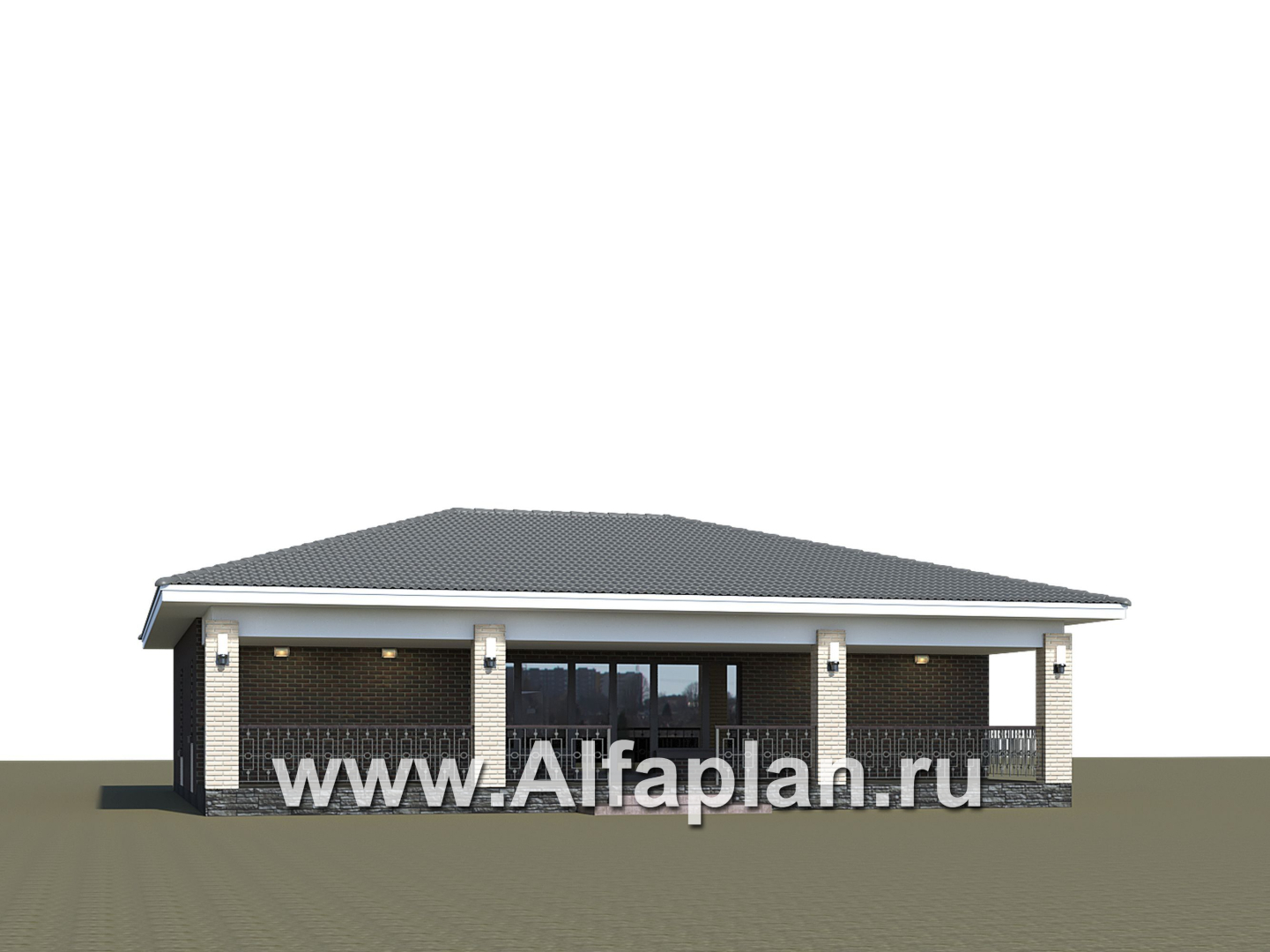 «Алькор» - проект одноэтажного коттеджа, мастер спальня, кладовая при кухне, дом с террасой и с гаражом на 1 авто - дизайн дома №3