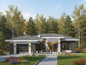 Превью проекта ««Алькор» - проект одноэтажного коттеджа, мастер спальня, кладовая при кухне, дом с террасой и с гаражом на 1 авто»