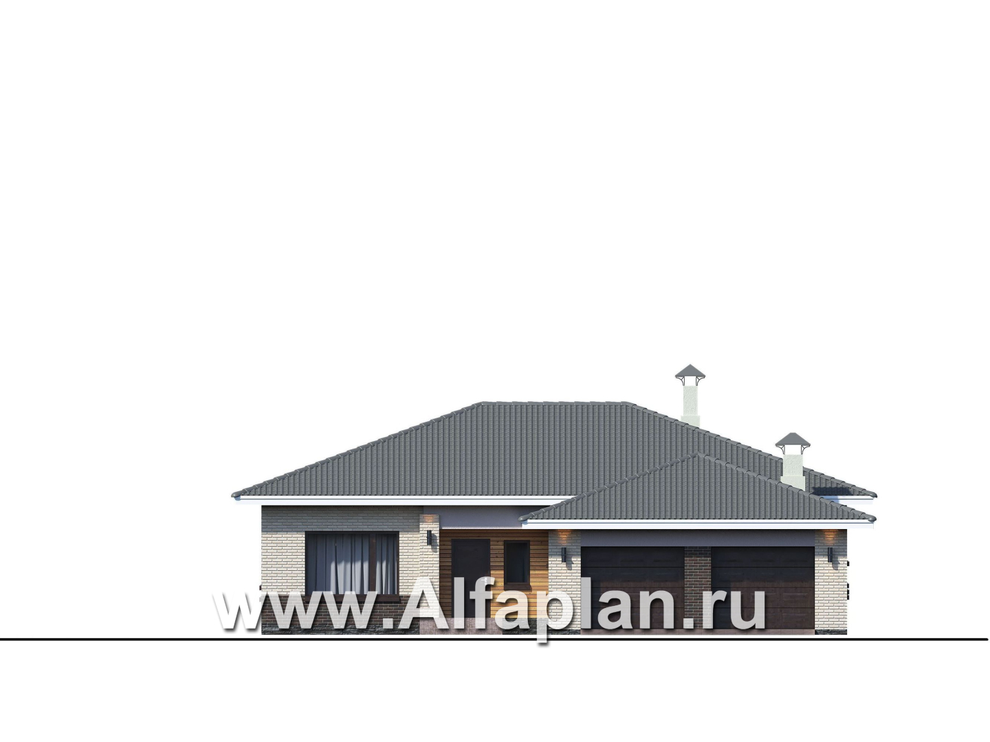 «Алькор» - проект одноэтажного дома, мастер спальня, кладовая при кухне, коттедж с террасой и гаражом на 2 авто - фасад дома