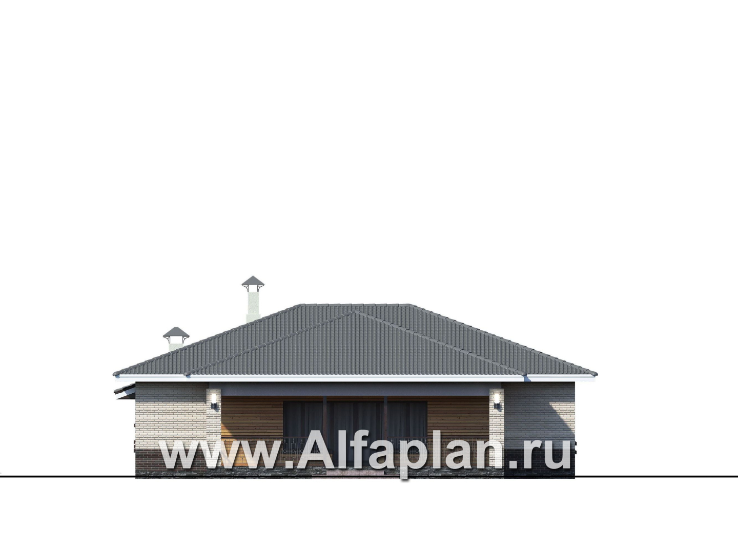 «Алькор» - проект одноэтажного дома, мастер спальня, кладовая при кухне, коттедж с террасой и гаражом на 2 авто - фасад дома