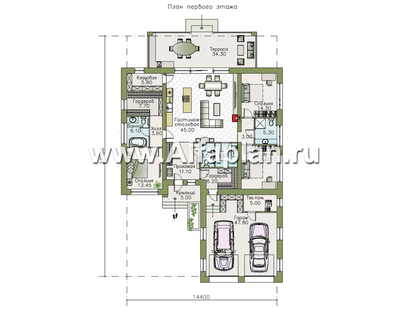 «Алькор» - проект одноэтажного дома, мастер спальня, кладовая при кухне, коттедж с террасой и гаражом на 2 авто - план дома