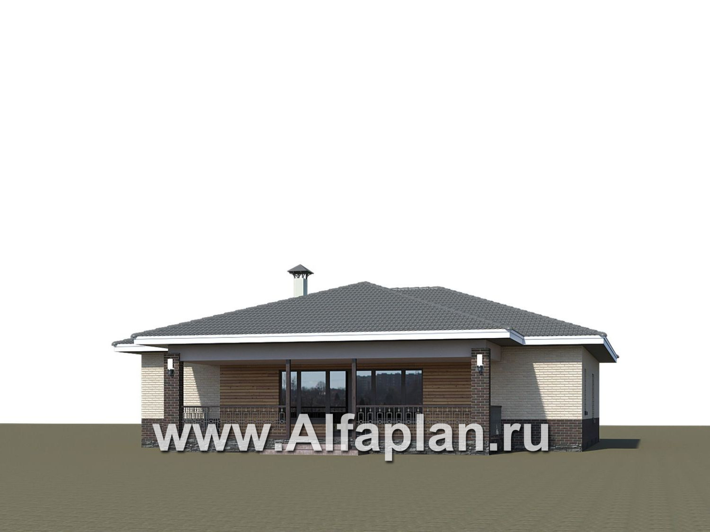 «Алькор» - проект одноэтажного дома, мастер спальня, кладовая при кухне, коттедж с террасой и гаражом на 2 авто - дизайн дома №2