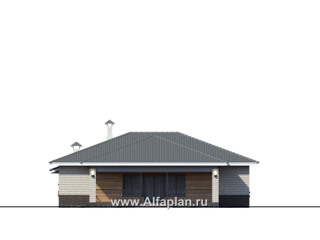 «Алькор» - проект одноэтажного дома, мастер спальня, кладовая при кухне, коттедж с террасой и гаражом на 2 авто - превью фасада дома