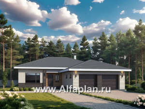 Превью проекта ««Алькор» - проект одноэтажного дома, мастер спальня, кладовая при кухне, коттедж с террасой и гаражом на 2 авто»