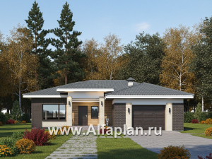 Превью проекта ««Алькор» - проект одноэтажного коттеджа, мастер спальня, кладовая при кухне, дом с террасой и с гаражом на 1 авто»